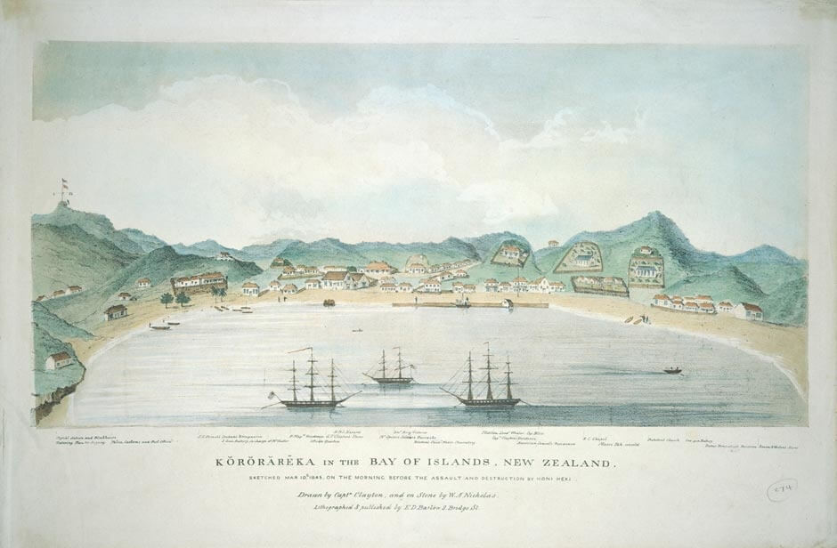 A painting of kororareka, including the bay with sailing ships present, and township