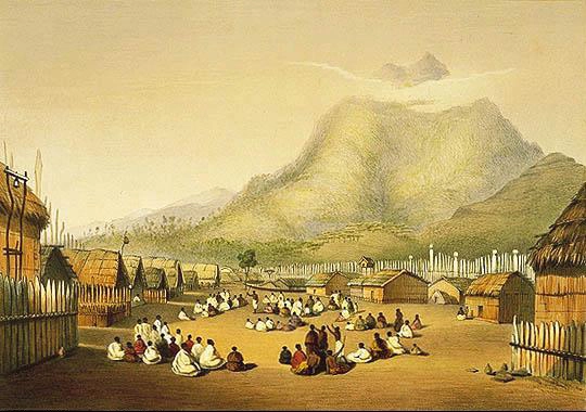 A painting of a meeting at a Marae