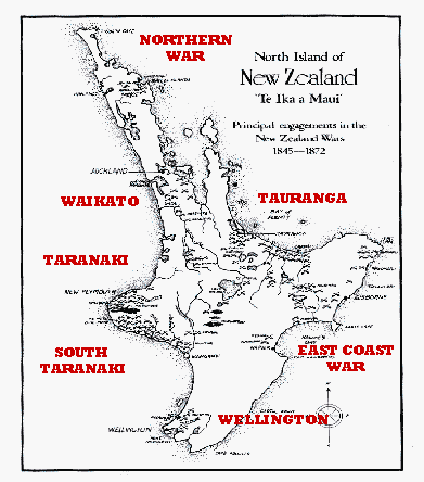 A map of the north island of New Zealand showing basic general areas of the wars