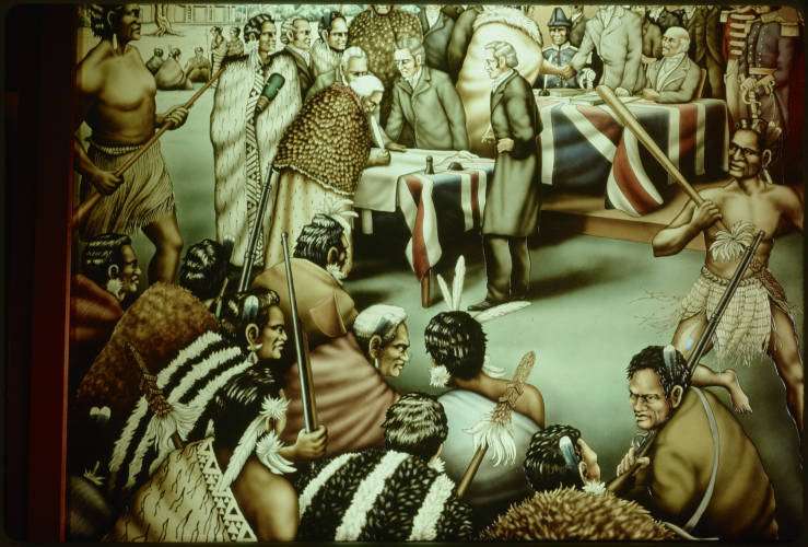 A painting of the Treaty of Wiatangi being signed